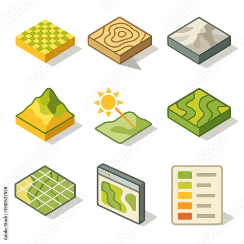 GIS Isometric Icon Set. Isometric Flat icon set of mapping and GIS shadow analysis: digital elevation model, contour lines with