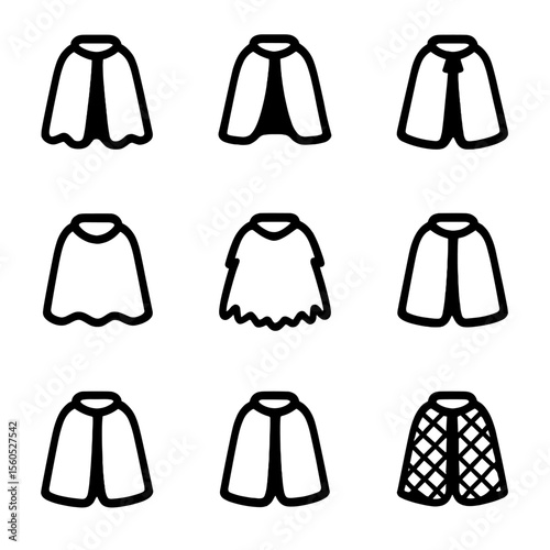 Capes Icon Collection. Solid, filled icon set of capes by material: velvet cape, silk cape, leather cape, wool cape, fur cape,