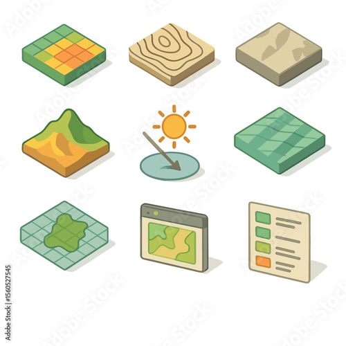GIS Isometric Icon Set. Isometric Flat icon set of mapping and GIS shadow analysis: digital elevation model, contour lines with
