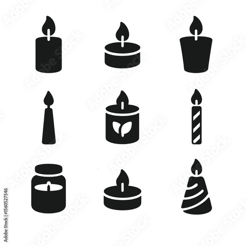 Candle Icon Grid. Solid, filled icon set of candle types: pillar candle, tealight, votive candle, taper candle, scented candle,