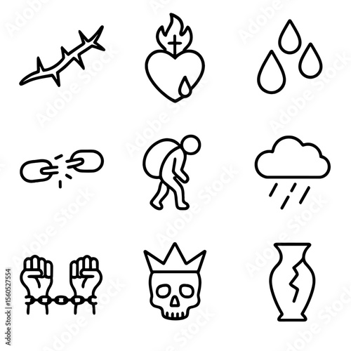 Christian Suffering Symbols. Outline icon set of Christian Suffering Symbols: thorn branch, bleeding heart, tears, broken chains,