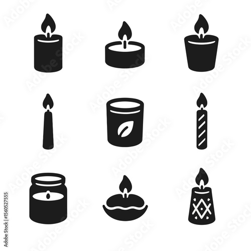 Candle Icon Grid. Solid, filled icon set of candle types: pillar candle, tealight, votive candle, taper candle, scented candle,