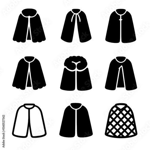 Capes Icon Collection. Solid, filled icon set of capes by material: velvet cape, silk cape, leather cape, wool cape, fur cape,