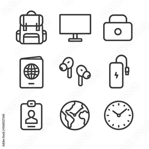 Digital Nomad Essentials. Outline icon set of digital nomad toolkit: travel backpack, portable monitor, power bank, hotspot router