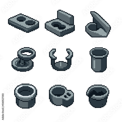 Car Cup Holder Icons. Pixel art icon set of car cup holders: front console recess, rear armrest holder, door panel cup slot,