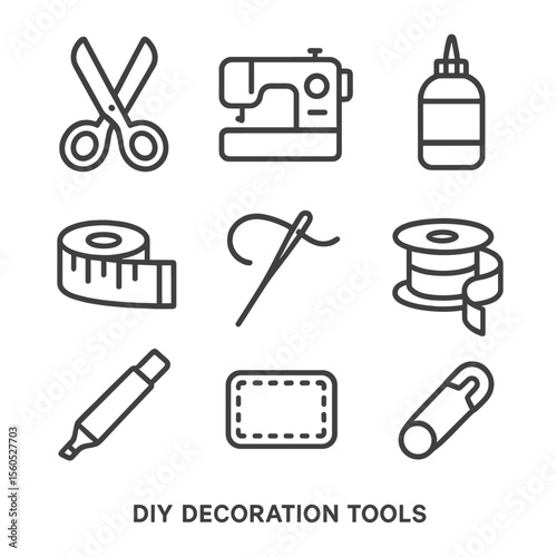 DIY Decoration Tools. Outline icon set of DIY decoration tools: fabric scissors, sewing machine, fabric glue bottle, measuring