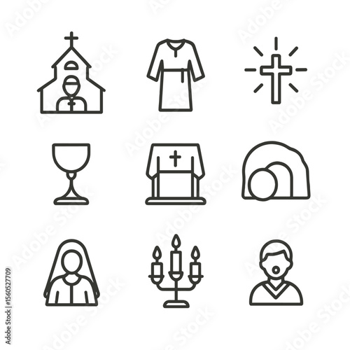 Good Friday Icon Set. Outline icon set of Good Friday Elements: church service icon, penitential robe, lit cross, empty chalice,