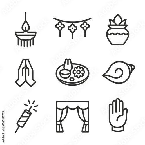 Diwali Icons Set. Outline icon set of Diwali home decor and rituals: hanging diya, wall toran, clay pot, prayer hands, food