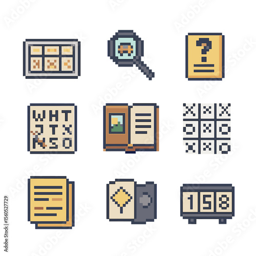 Car Game Icons. Pixel art icon set of fun car games: license plate bingo, I Spy magnifying glass, trivia card, word search, travel
