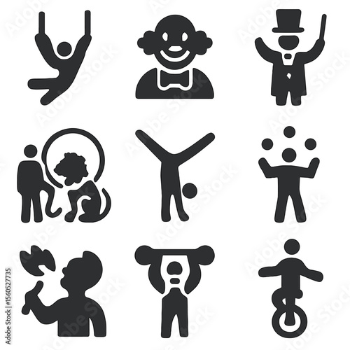 Circus Performance Icons. Solid, filled icon set of big top performance acts: trapeze artist, clown, ringmaster, lion tamer,