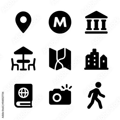 City Exploration Icons. Solid, filled icon set of exploring cities: location pin, metro sign, museum icon, cafe table, street map,