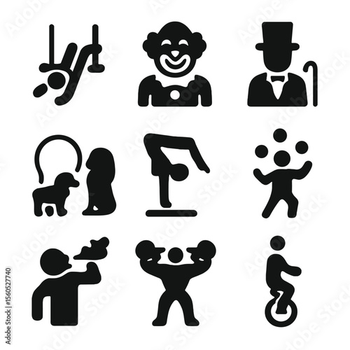 Circus Performance Icons. Solid, filled icon set of big top performance acts: trapeze artist, clown, ringmaster, lion tamer,