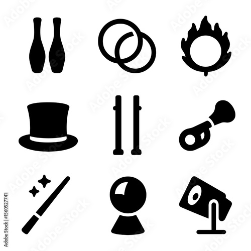 Circus Icon Set. Solid, filled icon set of circus props and gear: juggling pins, hoops, flaming ring, top hat, stilts, clown horn,