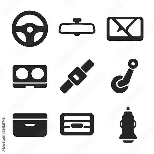 Car Interior Icons. Flat icon set of car interior moments: steering wheel, rearview mirror, dashboard map, cup holders, seatbelt