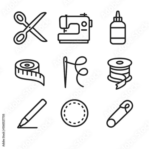 DIY Decoration Tools. Outline icon set of DIY decoration tools: fabric scissors, sewing machine, fabric glue bottle, measuring