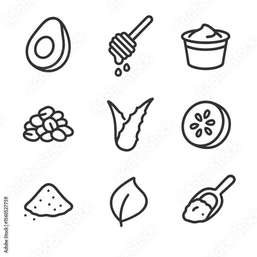 DIY Mask Ingredients. Outline icon set of DIY face mask ingredients: avocado half, honey drizzle, yogurt cup, oatmeal heap, aloe