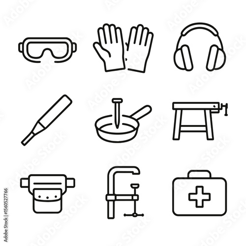 DIY Safety Icons. Outline icon set of DIY hammer safety: safety goggles, work gloves, ear protection, nail set punch, magnetic