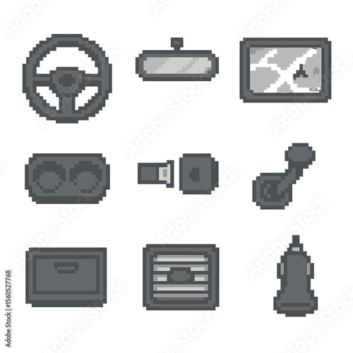 Car Interior Icons. Pixel art icon set of car interior moments: steering wheel, rearview mirror, dashboard map, cup holders,