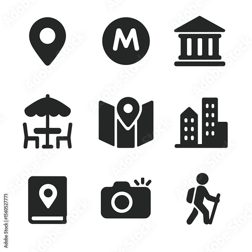 City Exploration Icons. Solid, filled icon set of exploring cities: location pin, metro sign, museum icon, cafe table, street map,