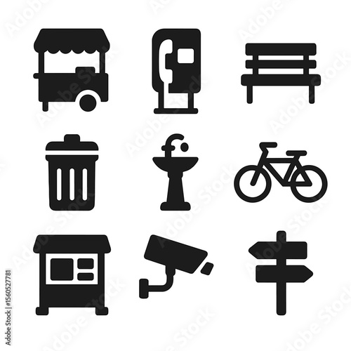 City Life Icons. Solid, filled icon set of city life objects: street vendor cart, public phone, bench, trash bin, water fountain,