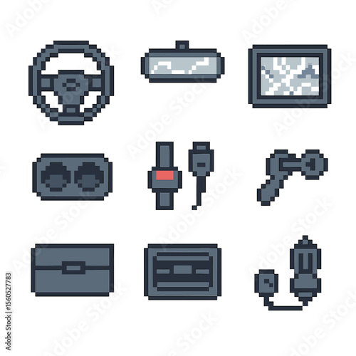 Car Interior Icons. Pixel art icon set of car interior moments: steering wheel, rearview mirror, dashboard map, cup holders,