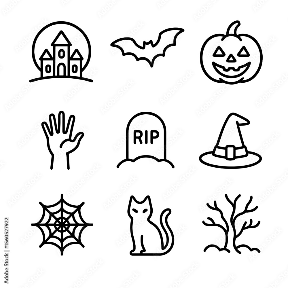 Obraz premium Halloween Icon Set. Outline icon set of Halloween full moon spookiness: haunted house silhouette, flying bat, jack-o’-lantern,
