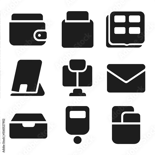 Card Storage Icons. Solid, filled icon set of card storage and holders: card wallet, card case, business card book, display stand,