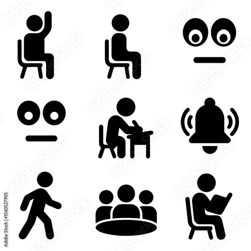 Classroom Behavior Icons. Solid, filled icon set of classroom behavior cues: raise hand, sitting student, focus eyes, closed mouth