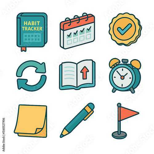 Habit Formation Icons. Isometric Flat icon set of habit formation books: habit tracker journal, calendar with checkmarks,