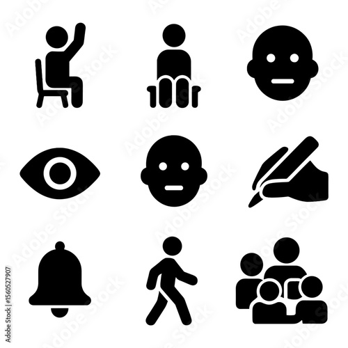 Classroom Behavior Icons. Solid, filled icon set of classroom behavior cues: raise hand, sitting student, focus eyes, closed mouth