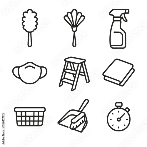 Dusting Essentials Icons. Outline icon set of dusting essentials for bookshelves: microfiber duster, feather duster, spray bottle,