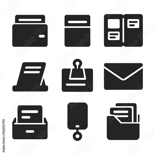 Card Storage Icons. Solid, filled icon set of card storage and holders: card wallet, card case, business card book, display stand,