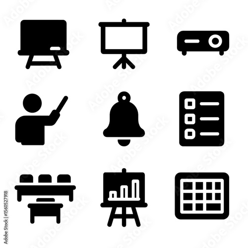 Classroom and Innovation Icons. Solid, filled icon set of classroom materials: chalkboard, whiteboard, projector, teacher pointer,