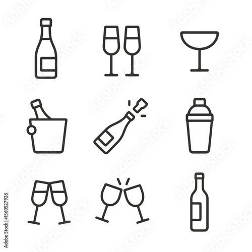 Drinkware Icon Set. Outline icon set of Toast and drinkware essentials: champagne bottle, champagne flutes, cocktail glass, shot