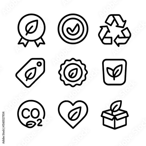 Eco Icon Set. Outline icon set of green label design: leaf badge, eco-certified stamp, recyclable icon, biodegradable tag, organic
