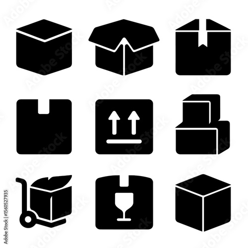 Cardboard Box Icons. Solid, filled icon set of cardboard boxes: closed box, open box, taped box, box with label, box with arrows,