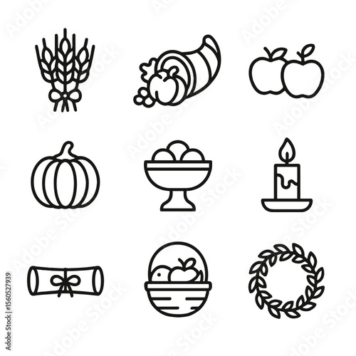 Harvest Ritual Icons. Outline icon set of Seasonal Harvest and Thanksgiving Rituals: sheaf of wheat, cornucopia, apples, pumpkin,