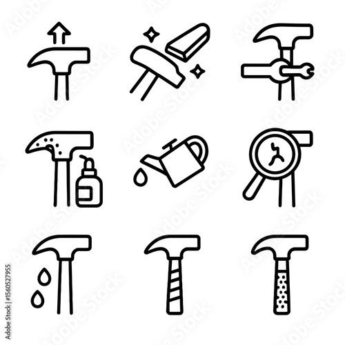 Hammer Maintenance Icons. Outline icon set of hammer maintenance tasks: replace head, sharpen face, tighten handle, clean rust,