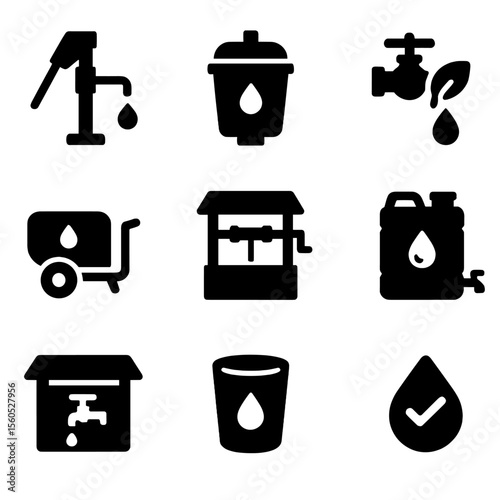 Clean Water Icons. Solid, filled icon set of clean water access solutions: hand pump, water purifier, tap with leaf, water cart,