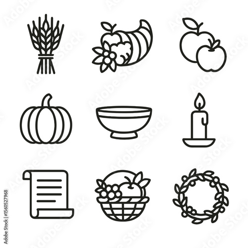 Harvest Ritual Icons. Outline icon set of Seasonal Harvest and Thanksgiving Rituals: sheaf of wheat, cornucopia, apples, pumpkin,
