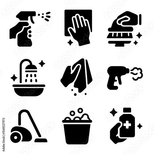 Cleaning Icon Grid. Solid, filled icon set of Cleaning actions: spraying, wiping, scrubbing, rinsing, drying, steaming, vacuuming,