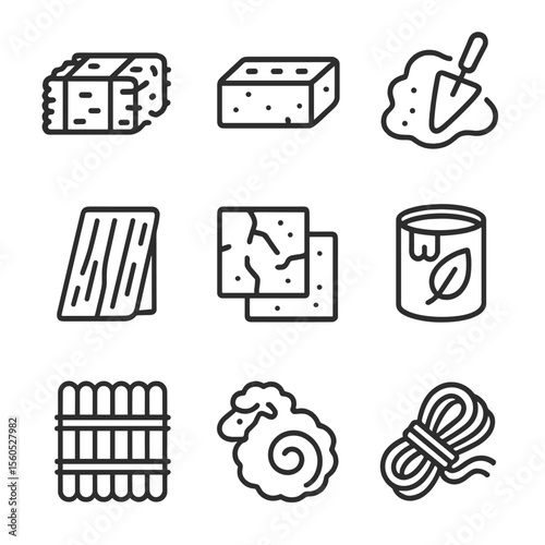 Eco Construction Icons. Outline icon set of natural eco-friendly construction materials: straw bale, adobe brick, clay plaster,