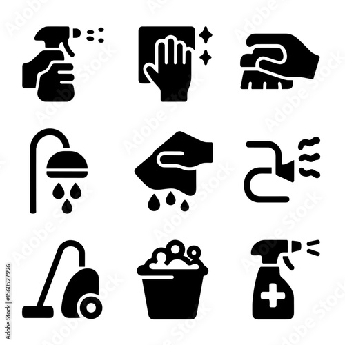 Cleaning Icon Grid. Solid, filled icon set of Cleaning actions: spraying, wiping, scrubbing, rinsing, drying, steaming, vacuuming,