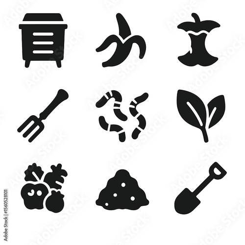 Climate and Compost Icons. Solid, filled icon set of climate and environment: greenhouse gas, melting glacier, solar radiation,