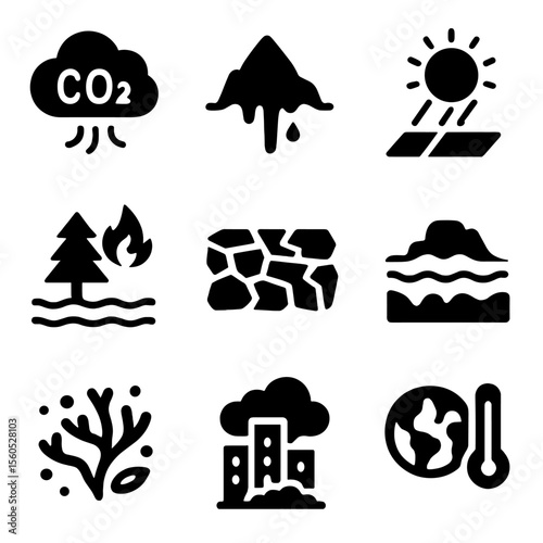 Climate and Compost Icons. Solid, filled icon set of climate and environment: greenhouse gas, melting glacier, solar radiation,