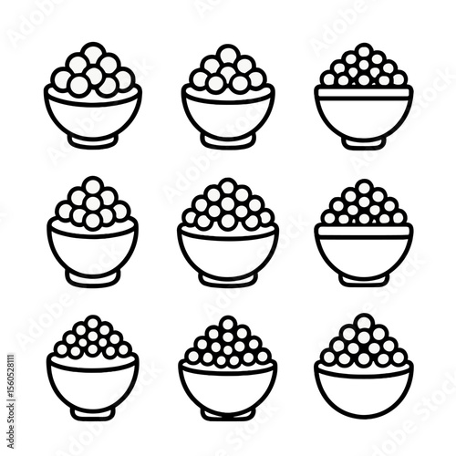 Caviar Icon Grid. Outline icon set of caviar varieties: beluga, osetra, sevruga, salmon roe, trout roe, whitefish roe, lumpfish