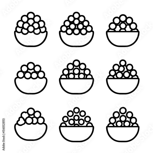 Caviar Icon Grid. Outline icon set of caviar varieties: beluga, osetra, sevruga, salmon roe, trout roe, whitefish roe, lumpfish