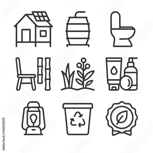 Eco-Friendly Lodging Icons. Outline icon set of eco-friendly lodging: solar-powered cabin, rainwater barrel, composting toilet,