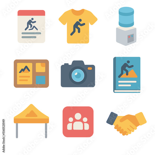 Climbing Community Icons. Isometric Flat icon set of climbing community socials: meetup flyer, branded t-shirt, water cooler,