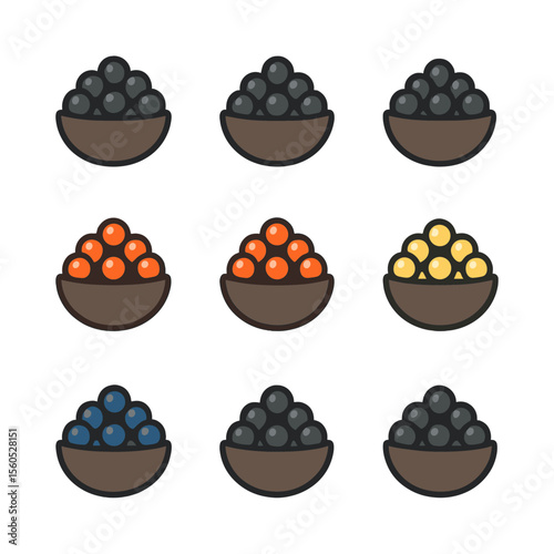 Caviar Varieties Icons. Flat icon set of caviar varieties: beluga, osetra, sevruga, salmon roe, trout roe, whitefish roe, lumpfish